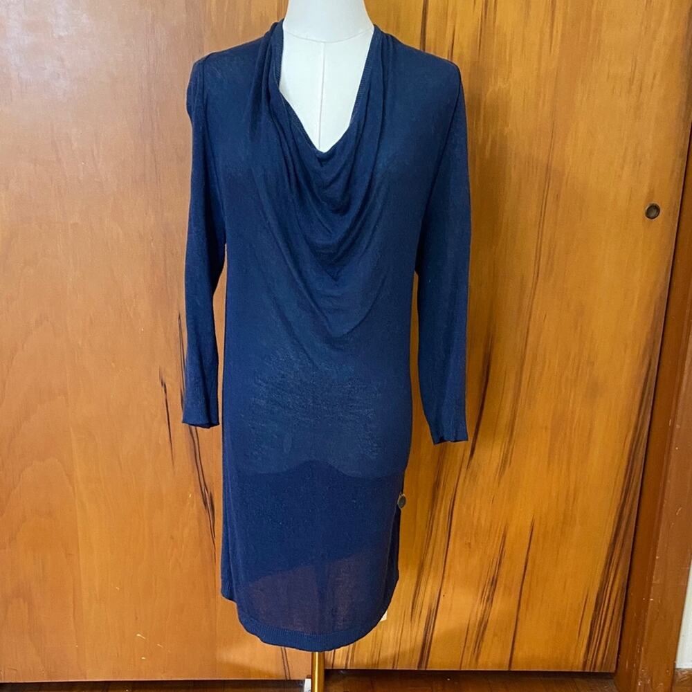 See By Chloe Elegant Navy Long Sleeve Sweater Dress Cowl Drape Neck Monochrome